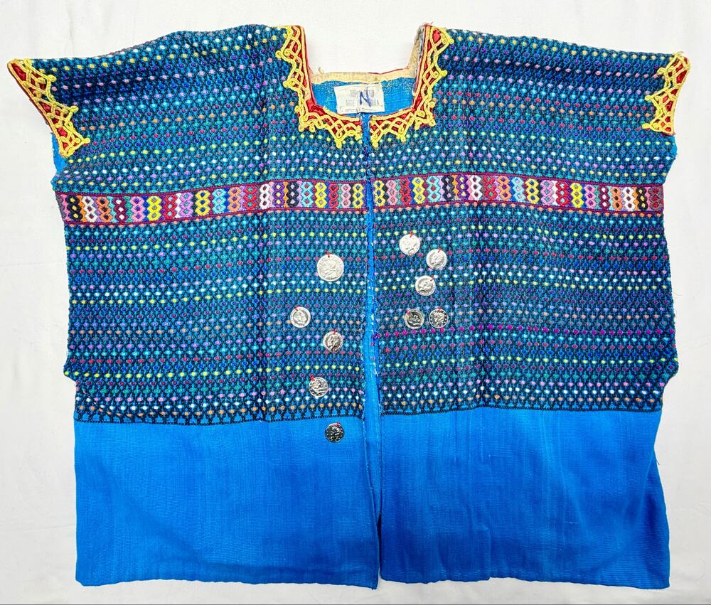 Vintage Guatemalan Huipil Vest Blue Embroidered Coin Boho Folk Art Cotton